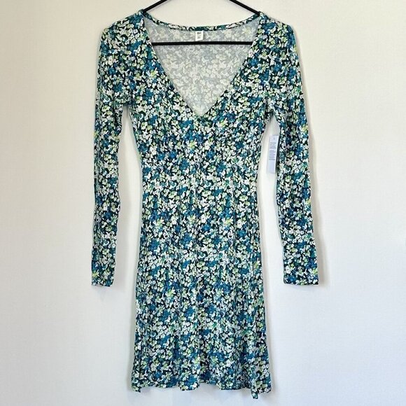 NWT bp Green Floral Knit Long Sleeve V-Neck Sustainable Dress - Size: XXS - Picture 2 of 7